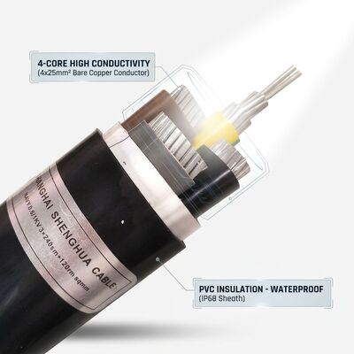 IP68 Waterproof PVC Terisolasi Kabel Listrik 0.6/1kV 4x25mm2 Penguburan langsung di bawah tanah pemasok